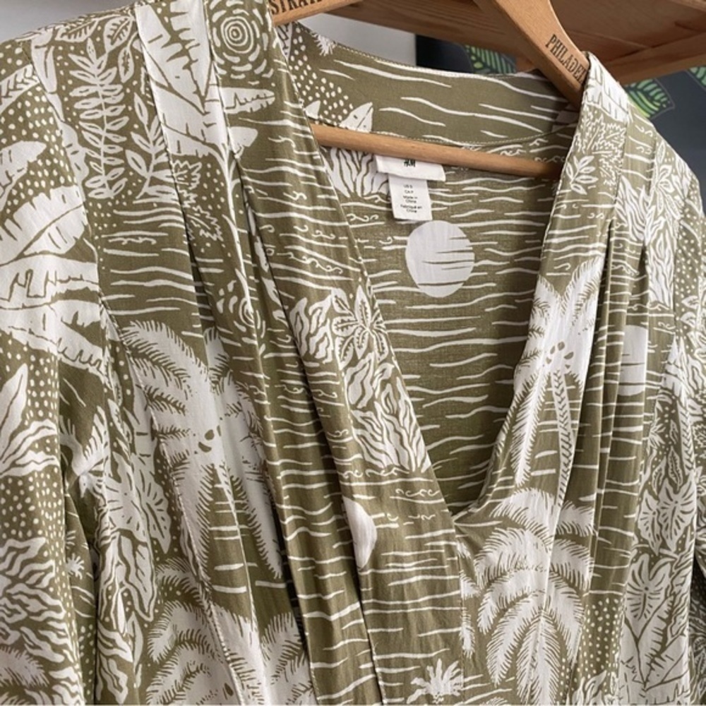 Desmond & Dempsey X H&M Green White Tropical Palm Print Linen Blend Midi Dress S - Picture 8 of 15